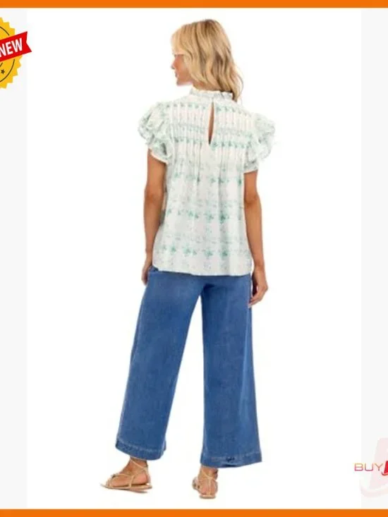 Flutter Sleeve Cotton Top, Pleated Bodice, Swing Hem, Size Small - Picture 2 of 6